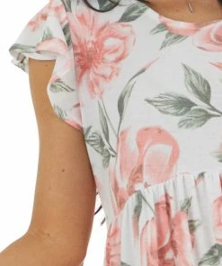 Lovely J Dresses Off White And Punch Floral Print Tiered Ruffle Sleeve Dress