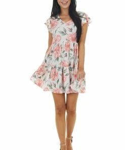 Lovely J Dresses Off White And Punch Floral Print Tiered Ruffle Sleeve Dress