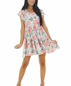 Lovely J Dresses Off White And Punch Floral Print Tiered Ruffle Sleeve Dress
