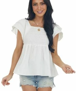 Umgee Tops Off White Babydoll Smocked Ruffle Sleeve Top