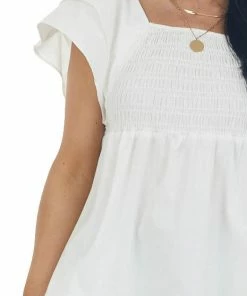 Umgee Tops Off White Babydoll Smocked Ruffle Sleeve Top