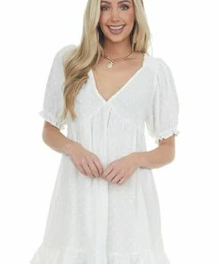 Umgee Off White Babydoll Swiss Dot Short Dress