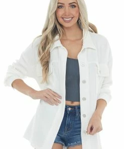 Entro Off White Button Up Long Sleeve Shacket Tops