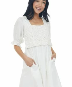 Heyson Off White Crochet Bodice Short Sleeve Dress Dresses