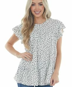 Entro Off White Ditsy Floral Print Short Sleeve Top