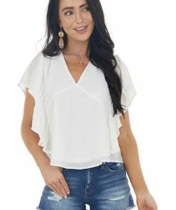 &merci Off White Deep V Neck Flutter Sleeve Babydoll Blouse Tops
