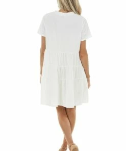 Emory Park Dresses Off White Drop Waist Swiss Dot Knit Dress With Tiered Detail