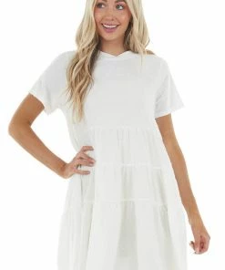 Emory Park Dresses Off White Drop Waist Swiss Dot Knit Dress With Tiered Detail