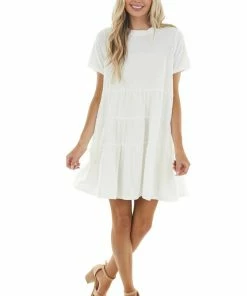 Emory Park Dresses Off White Drop Waist Swiss Dot Knit Dress With Tiered Detail