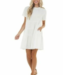 Emory Park Dresses Off White Drop Waist Swiss Dot Knit Dress With Tiered Detail