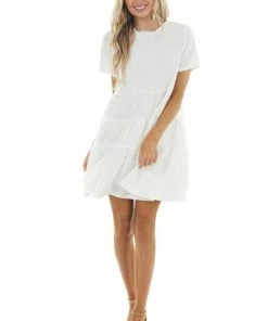 Emory Park Dresses Off White Drop Waist Swiss Dot Knit Dress With Tiered Detail