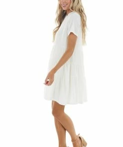 Emory Park Dresses Off White Drop Waist Swiss Dot Knit Dress With Tiered Detail