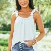 FSL APPAREL Off White Elastic Ruffle Strap Woven Tank Top Tops