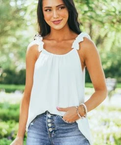 FSL APPAREL Off White Elastic Ruffle Strap Woven Tank Top Tops