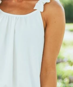 FSL APPAREL Off White Elastic Ruffle Strap Woven Tank Top Tops