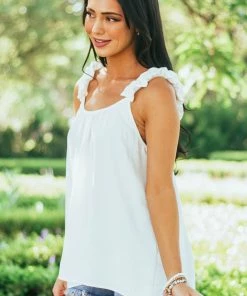 FSL APPAREL Off White Elastic Ruffle Strap Woven Tank Top Tops