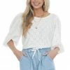 Davi & Dani Off White Eyelet Lace 3/4 Sleeve Knit Top