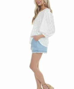 Davi & Dani Off White Eyelet Lace 3/4 Sleeve Knit Top