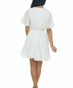 Entro Dresses Off White Eyelet Lace Smocked Waist Mini Dress