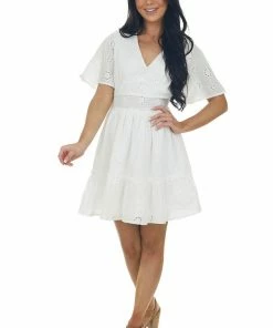 Entro Dresses Off White Eyelet Lace Smocked Waist Mini Dress
