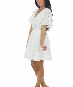 Entro Dresses Off White Eyelet Lace Smocked Waist Mini Dress