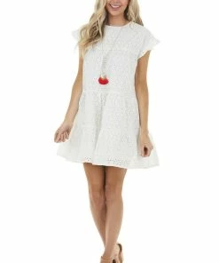 Hayden Off White Eyelet Woven Short Dress With Ruffle Sleeves