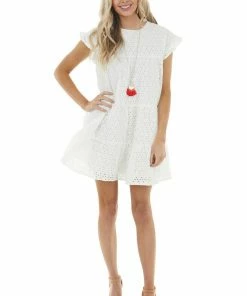 Hayden Off White Eyelet Woven Short Dress With Ruffle Sleeves