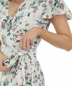 Umgee Off White Floral Flutter Sleeve Wrap Midi Dress Dresses