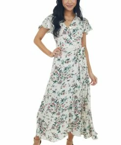 Umgee Off White Floral Flutter Sleeve Wrap Midi Dress Dresses