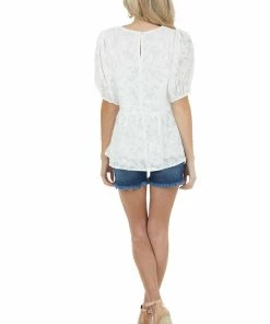 Staccato Off White Floral Lace Peplum Top With Short Puff Sleeves Tops