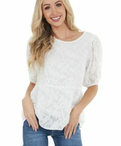 Staccato Off White Floral Lace Peplum Top With Short Puff Sleeves Tops