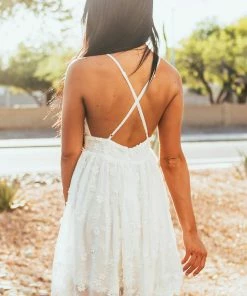 Flying Tomato Dresses Off White Floral Lace Plunging V Neck Mini Dress