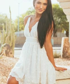 Flying Tomato Dresses Off White Floral Lace Plunging V Neck Mini Dress