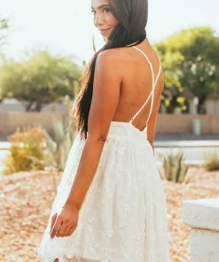 Flying Tomato Dresses Off White Floral Lace Plunging V Neck Mini Dress