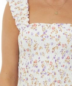 BiBi Tops Off White Floral Print Smocked Peplum Tank Top