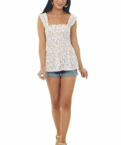 BiBi Tops Off White Floral Print Smocked Peplum Tank Top