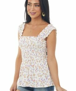 BiBi Tops Off White Floral Print Smocked Peplum Tank Top