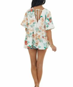 Entro Tops Off White Floral Print V Neck Babydoll Top