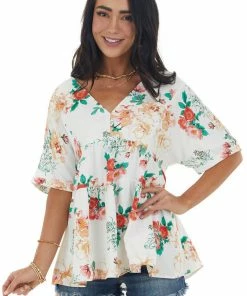 Entro Tops Off White Floral Print V Neck Babydoll Top