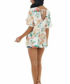 Entro Tops Off White Floral Print V Neck Babydoll Top