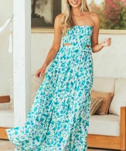 Aakaa Off White Floral Strapless Maxi Dress With Cutout Dresses