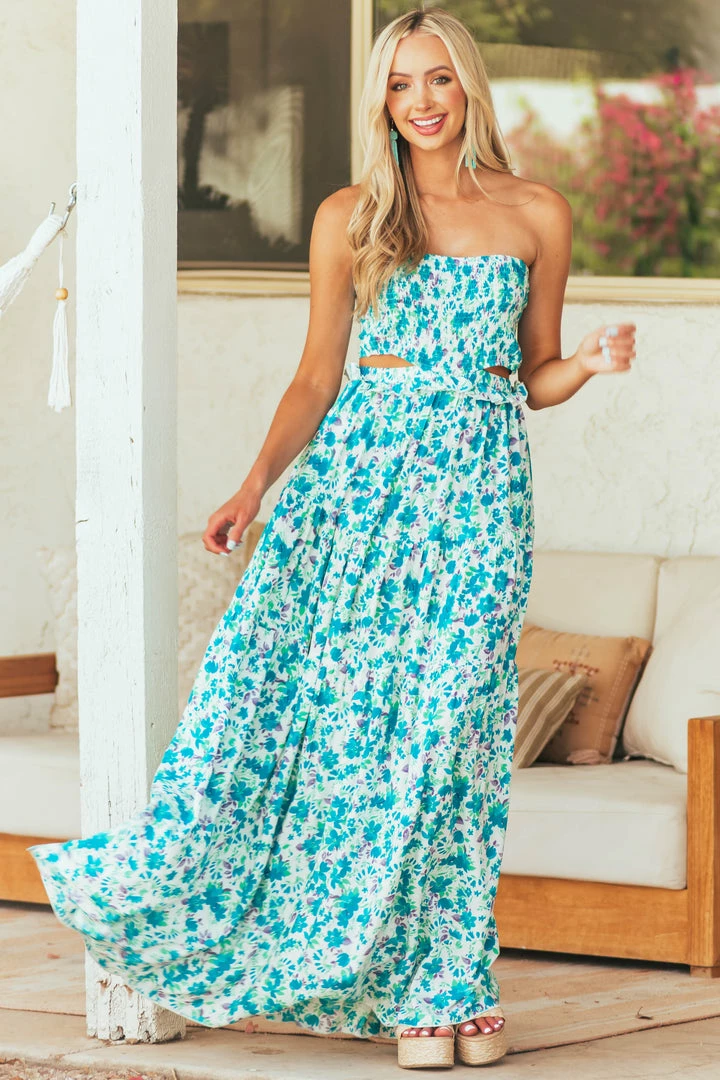 Aakaa Off White Floral Strapless Maxi Dress With Cutout Dresses 3 Aakaa Off White Floral Strapless Maxi Dress With Cutout Dresses