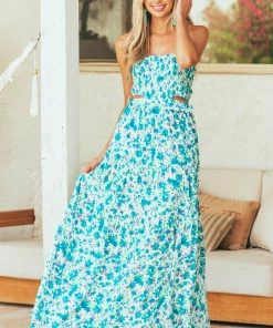 Aakaa Off White Floral Strapless Maxi Dress With Cutout Dresses