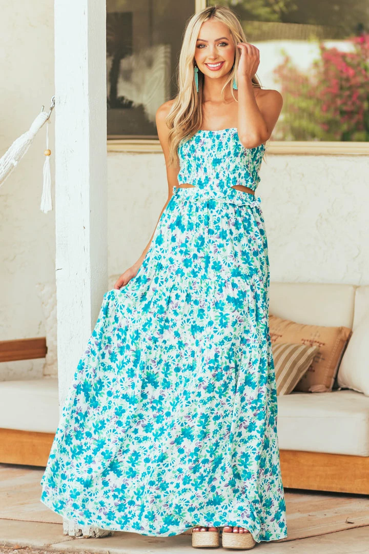 Aakaa Off White Floral Strapless Maxi Dress With Cutout Dresses 4 Aakaa Off White Floral Strapless Maxi Dress With Cutout Dresses