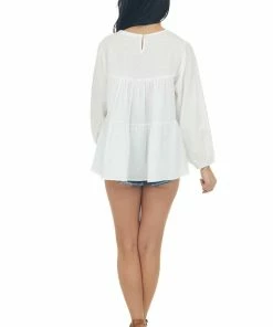 Ces Femme Off White Flowy Long Sleeve Babydoll Blouse Tops 24 Ces Femme Off White Flowy Long Sleeve Babydoll Blouse Tops