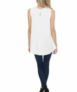 CY Fashion Off White Flowy Sleeveless Top With Sheer Crochet Detail Tops