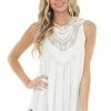 CY Fashion Off White Flowy Sleeveless Top With Sheer Crochet Detail Tops