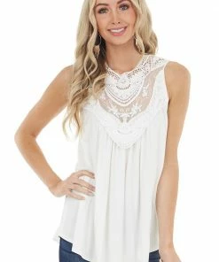 CY Fashion Off White Flowy Sleeveless Top With Sheer Crochet Detail Tops