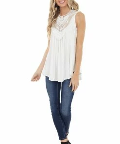 CY Fashion Off White Flowy Sleeveless Top With Sheer Crochet Detail Tops