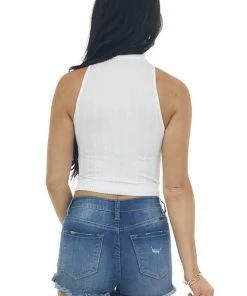 DYNAMIC Off White Halter Mock Neck Cable Knit Tank Tops